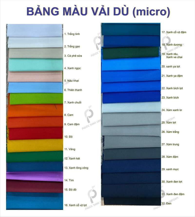 Bảng màu vải dù micro