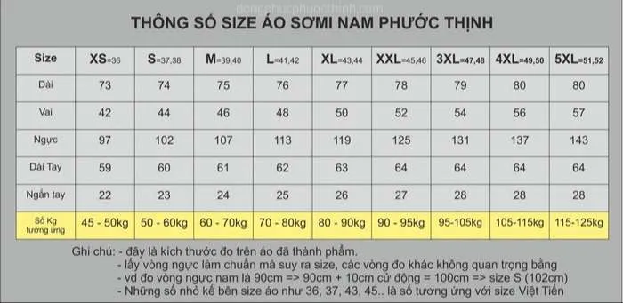 size áo sơ mi nam Phước Thịnh