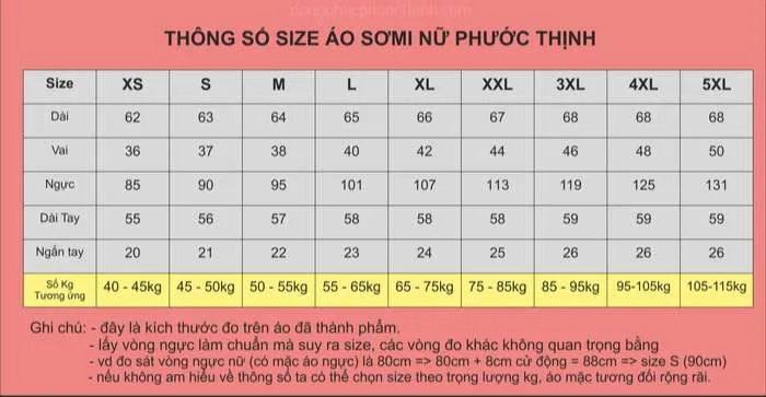size áo sơ mi nữ Phước Thịnh