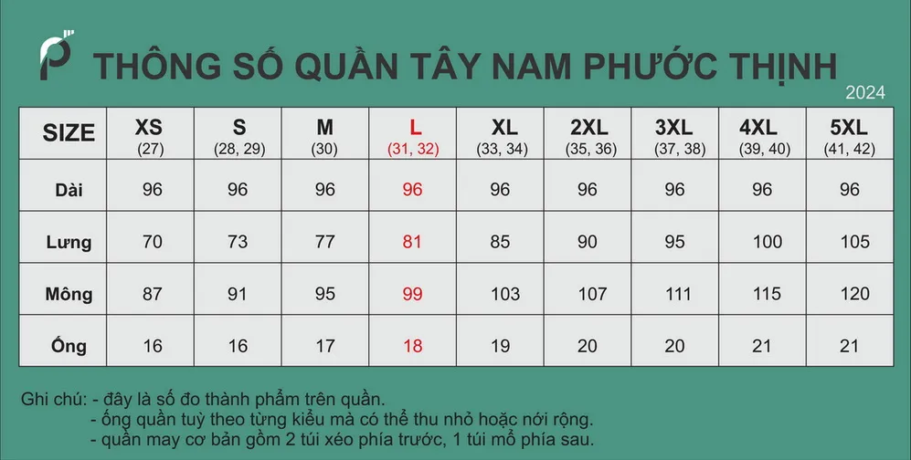 thông số size quần tây nam Phước Thịnh