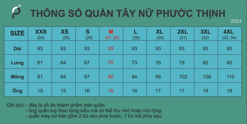 Bảng size quần tây nữ Phước Thịnh
