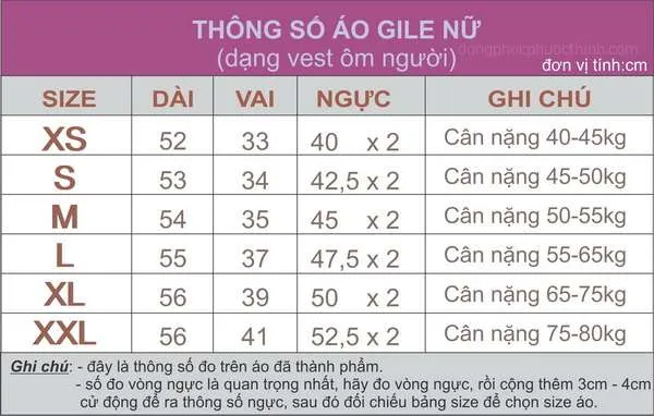 size áo gile nữ Phước Thịnh