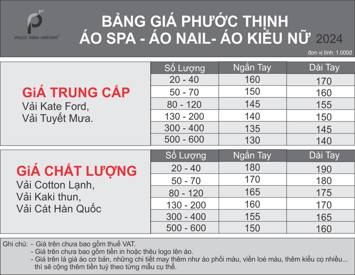 Bảng giá áo Spa - áo Nail - áo tap vụ