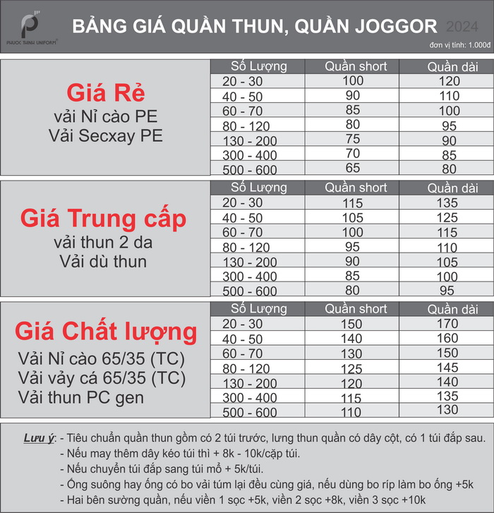 Bảng giá quần thun quần jogger