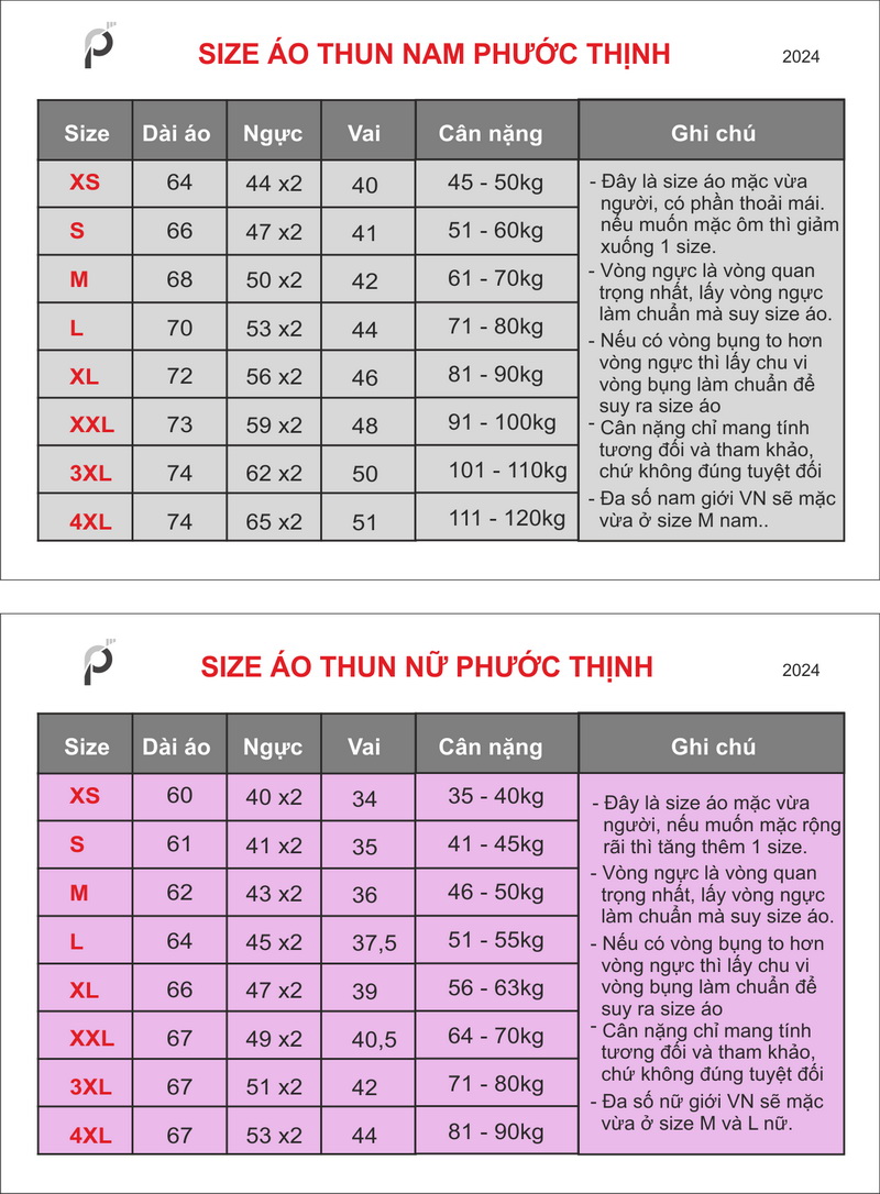 size áo thun nam nữ Phước Thịnh