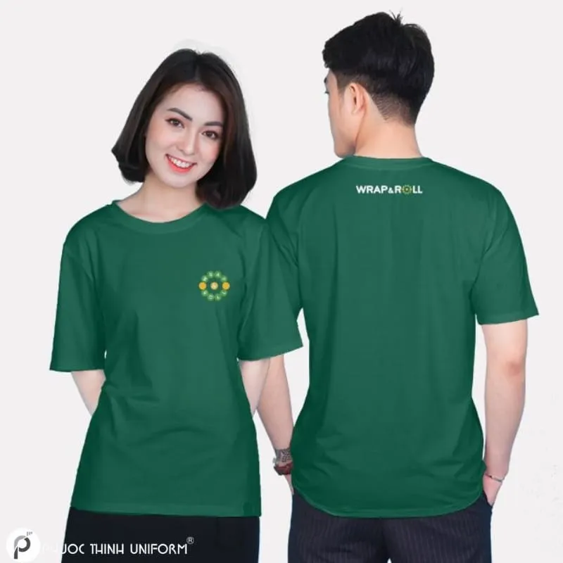Mẫu áo thun đồng phục cổ tròn được in logo cả hai mặt trước và sau áo