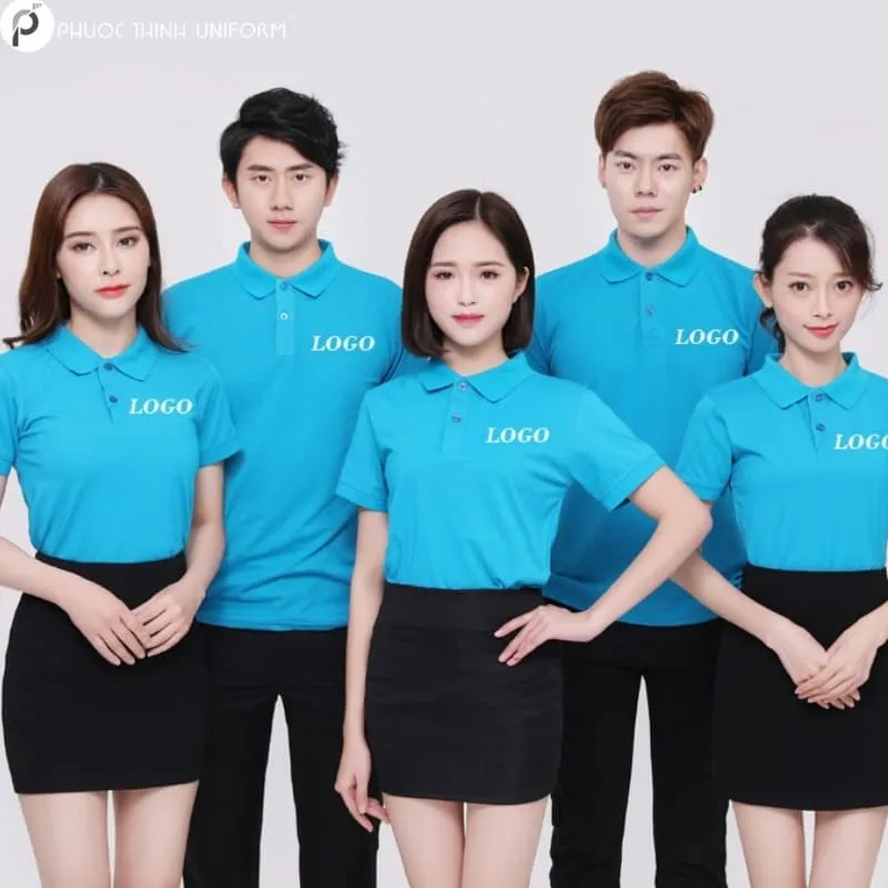 Mẫu áo thun đồng phục có cổ được thiết kế với logo in bên trái