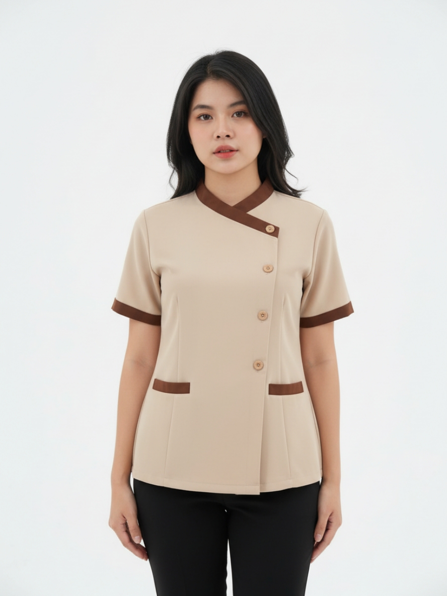Đồng phục áo spa 2 tone màu nâu - 06 Đồng phục áo spa 2 tone màu nâu - 06