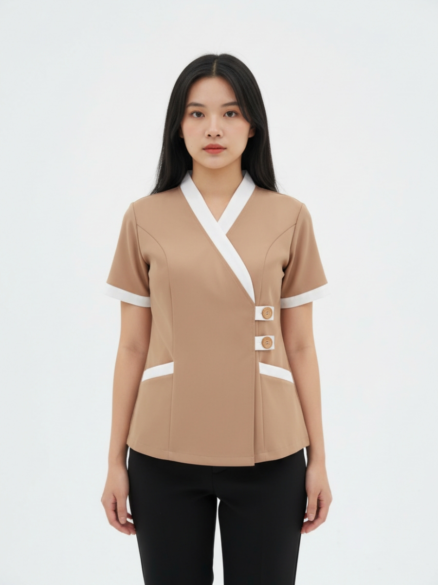 Đồng phục spa dưỡng sinh cho nữ màu nâu cổ trắng- 09 Đồng phục spa dưỡng sinh cho nữ màu nâu cổ trắng- 09