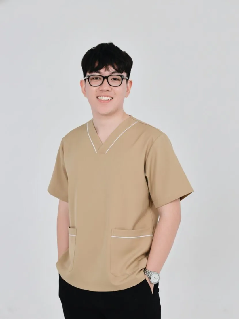 Đồng phục spa màu nâu sọc trắng cổ chữ V - 18