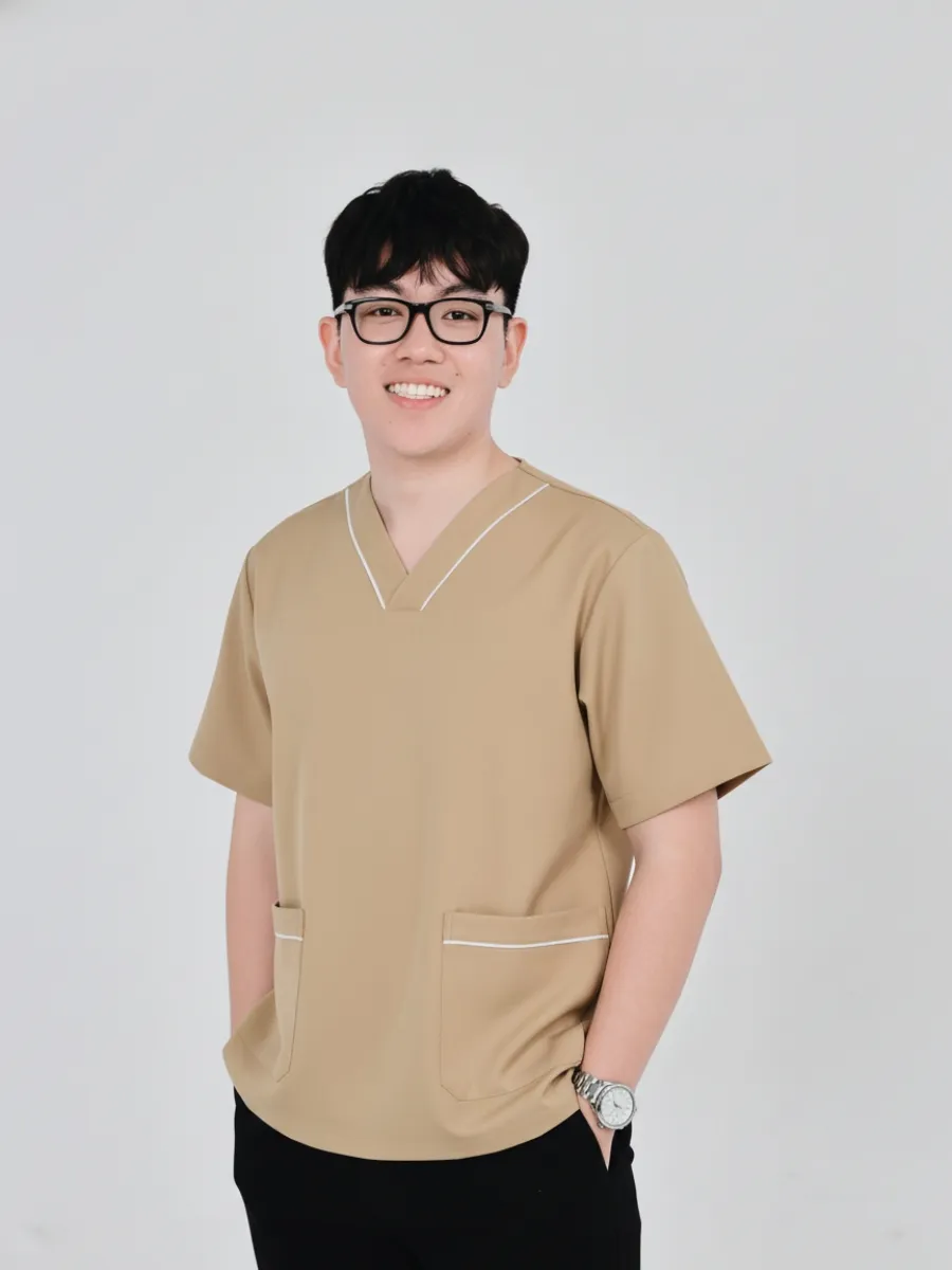 Đồng phục spa màu nâu sọc trắng cổ chữ V - 18