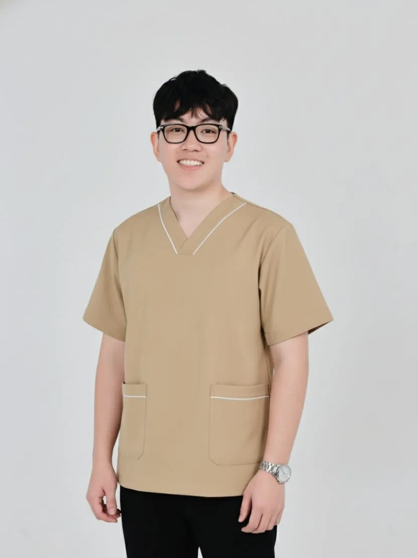 Đồng phục spa màu nâu sọc trắng cổ chữ V - 18