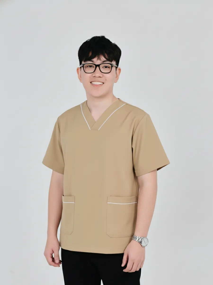 Đồng phục spa màu nâu sọc trắng cổ chữ V - 18
