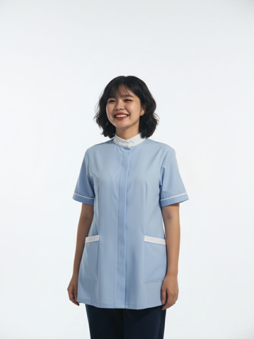 Đồng phục spa màu xanh nhạt cổ tàu - 07