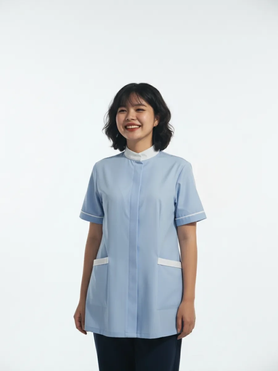 Đồng phục spa màu xanh nhạt cổ tàu - 07