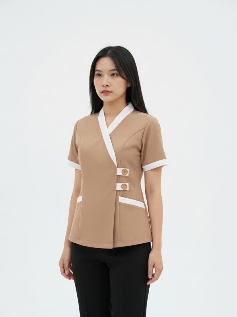 Đồng phục spa dưỡng sinh cho nữ màu nâu cổ trắng- 09 Đồng phục spa dưỡng sinh cho nữ màu nâu cổ trắng- 09