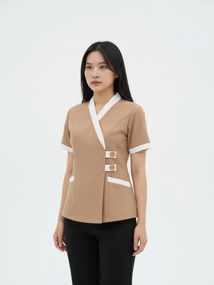 Đồng phục spa dưỡng sinh cho nữ màu nâu cổ trắng- 09 Đồng phục spa dưỡng sinh cho nữ màu nâu cổ trắng- 09