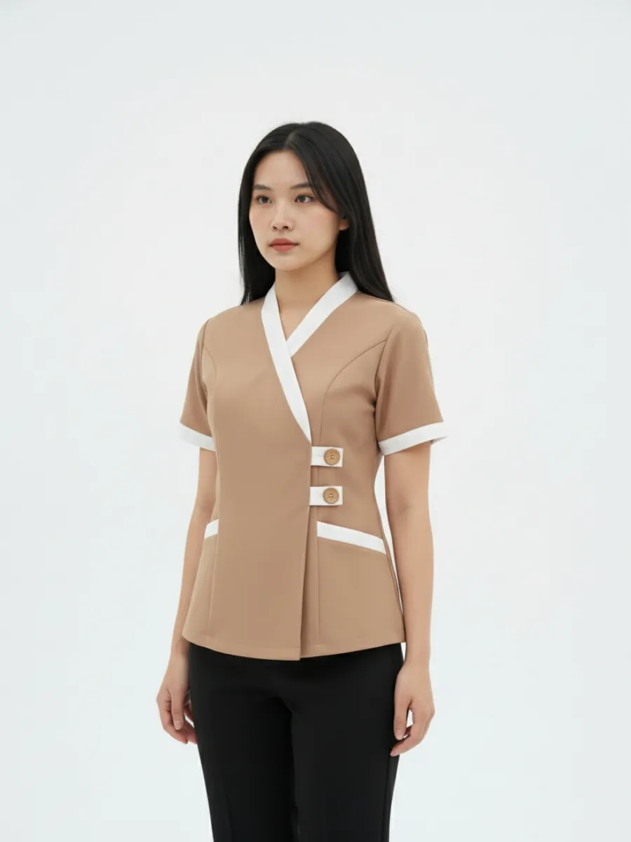 Đồng phục spa dưỡng sinh cho nữ màu nâu cổ trắng- 09