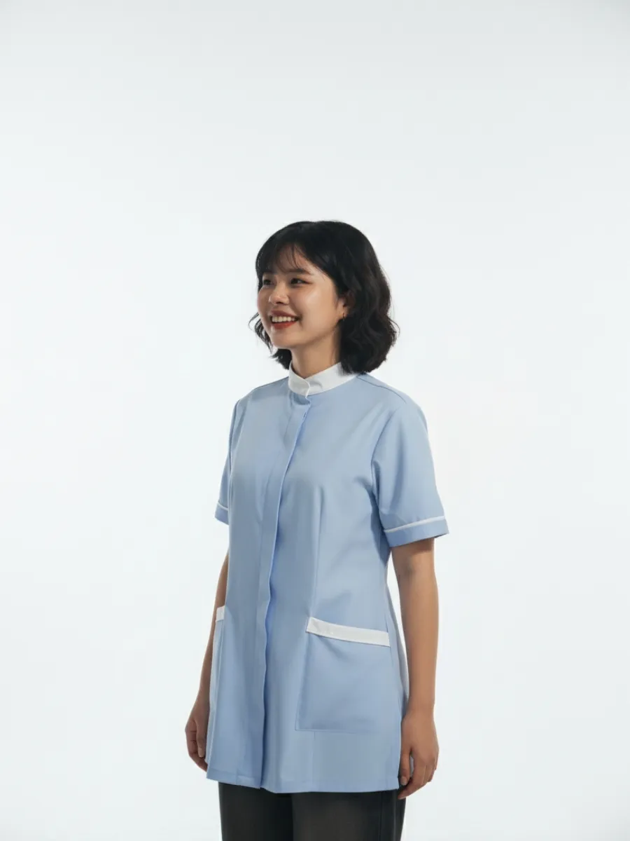 Đồng phục spa màu xanh nhạt cổ tàu - 07