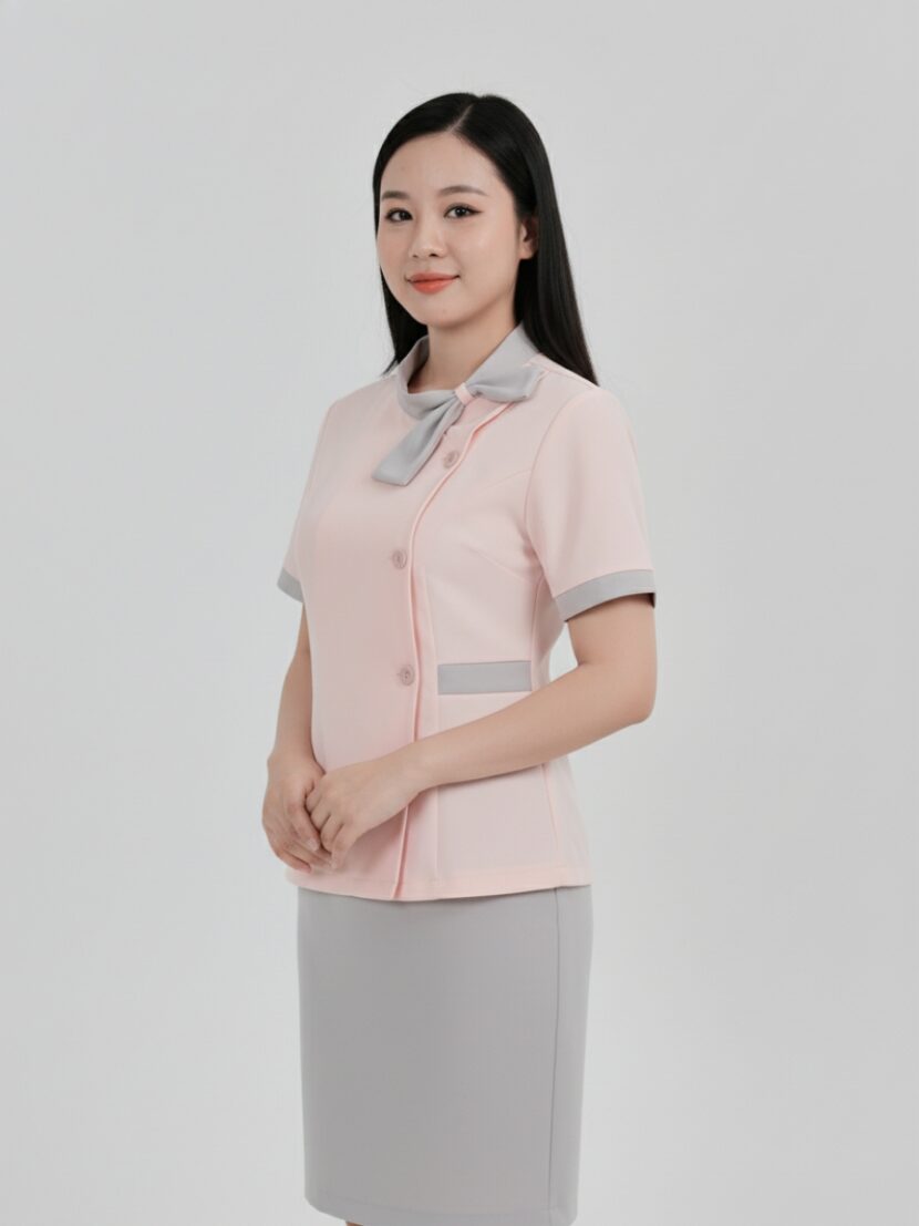 Đồng phục spa dưỡng sinh màu hồng phối xám - 05