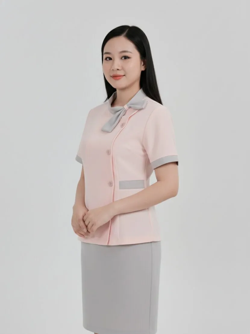 Đồng phục spa dưỡng sinh màu hồng phối xám - 05