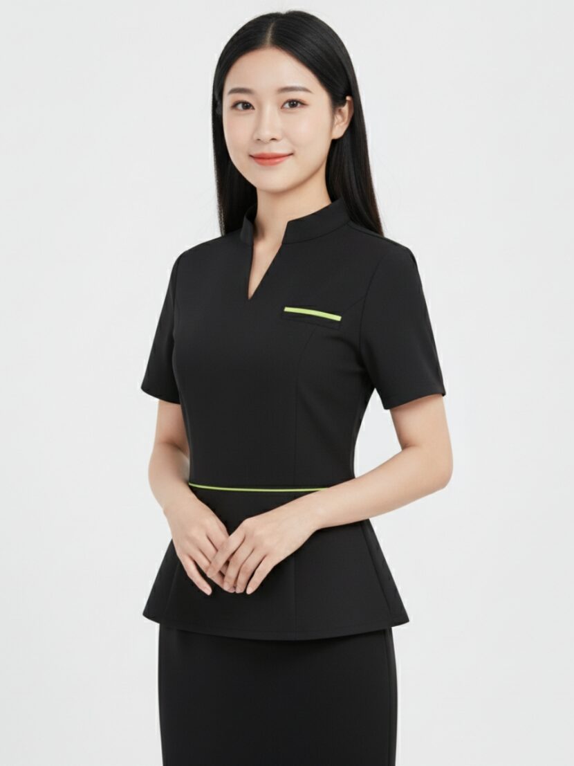Đồng phục lễ tân spa màu đen cổ chữ V - 06 Đồng phục lễ tân spa màu đen cổ chữ V - 06