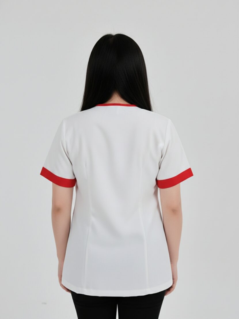 Đồng phục massage màu trắng phối viền cổ đỏ - 02