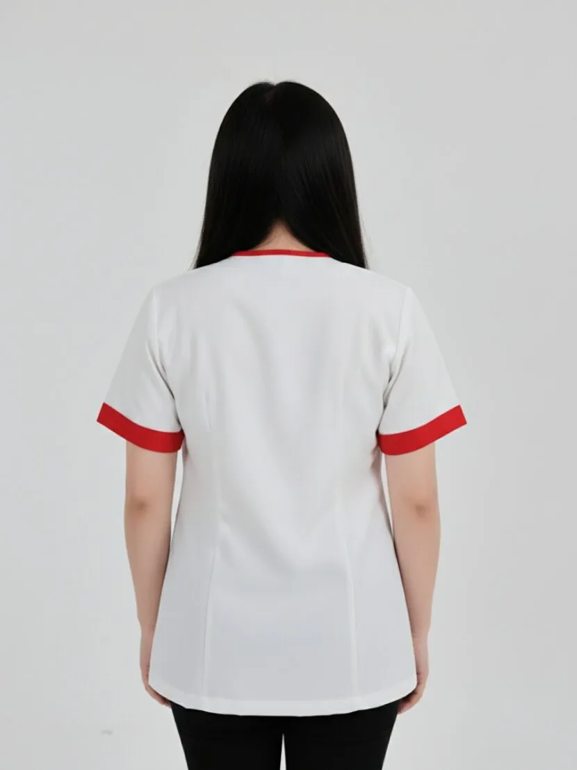 Đồng phục massage màu trắng phối viền cổ đỏ - 02