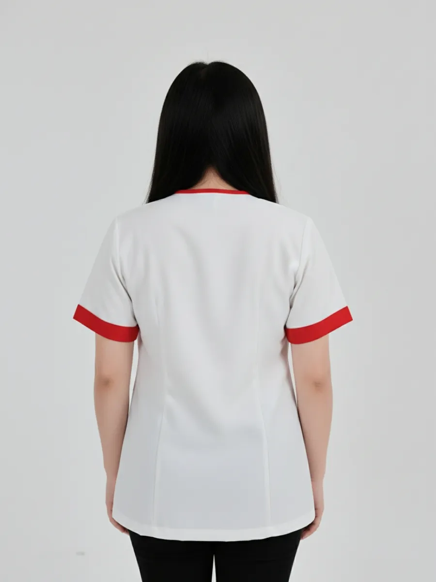 Đồng phục massage màu trắng phối viền cổ đỏ - 02