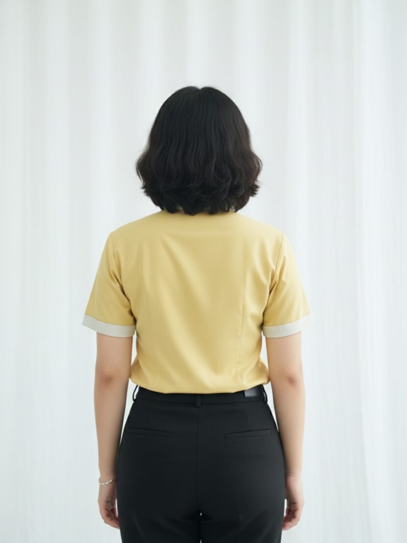 Đồng phục nhân viên spa màu vàng nhạt phối viền trắng - 10