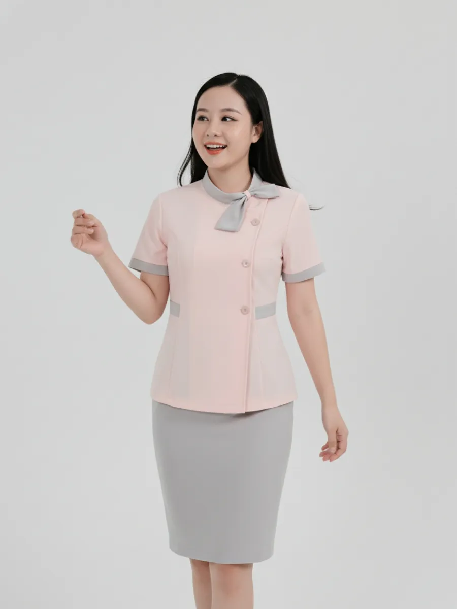 Đồng phục spa dưỡng sinh màu hồng phối xám - 05 - ảnh 3