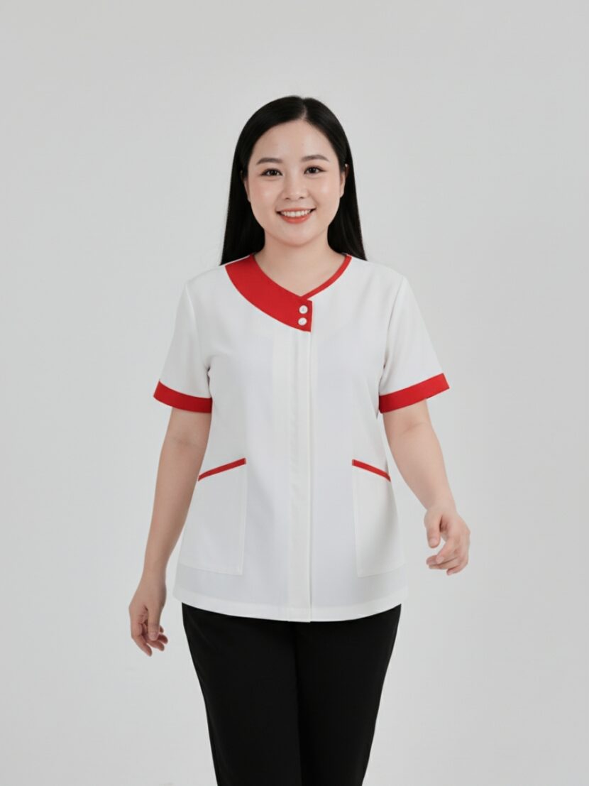 Đồng phục massage màu trắng phối viền cổ đỏ - 02