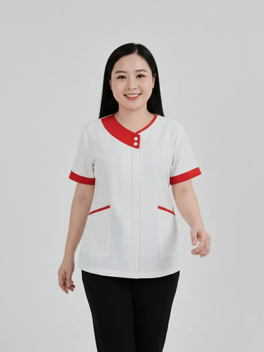 Đồng phục massage màu trắng phối viền cổ đỏ - 02