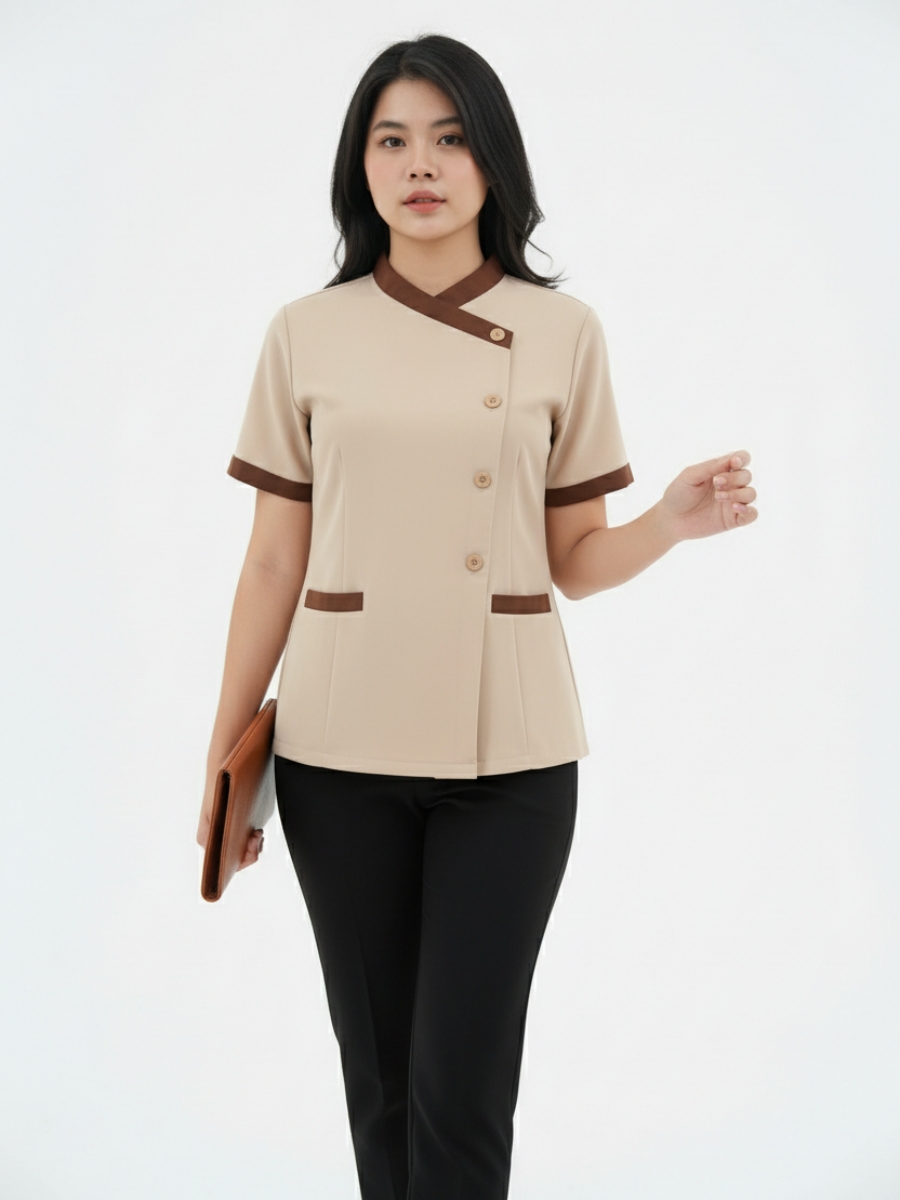 Đồng phục áo spa 2 tone màu nâu - 06 batch virtual try on pose 4 3 1