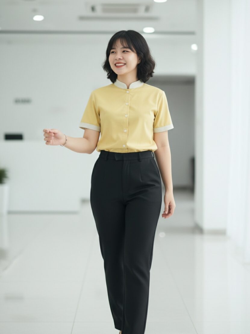 Đồng phục nhân viên spa màu vàng nhạt phối viền trắng - 10