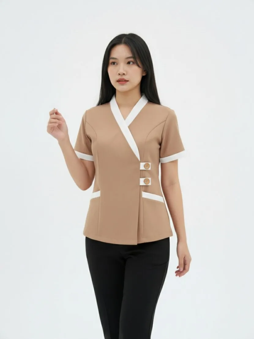 Đồng phục spa dưỡng sinh cho nữ màu nâu cổ trắng- 09 - ảnh 2
