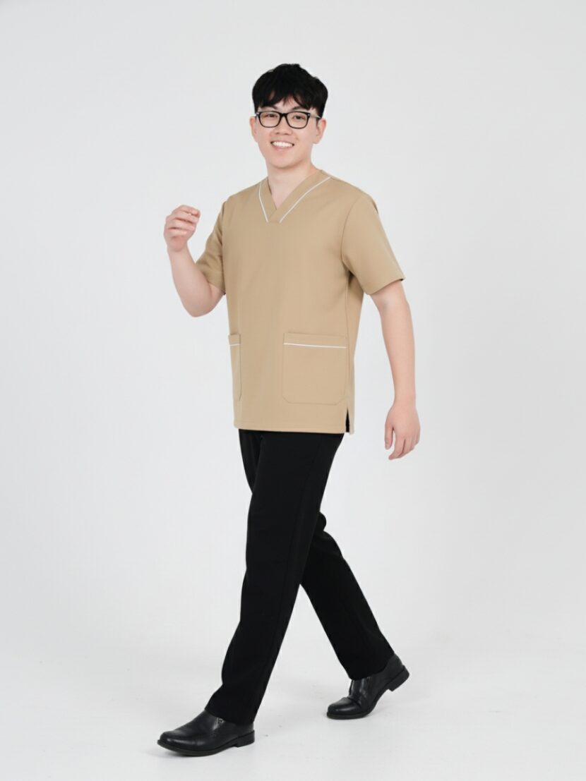 Đồng phục spa màu nâu sọc trắng cổ chữ V - 18