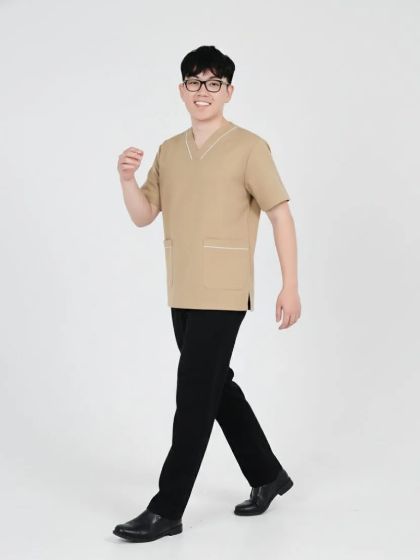 Đồng phục spa màu nâu sọc trắng cổ chữ V - 18