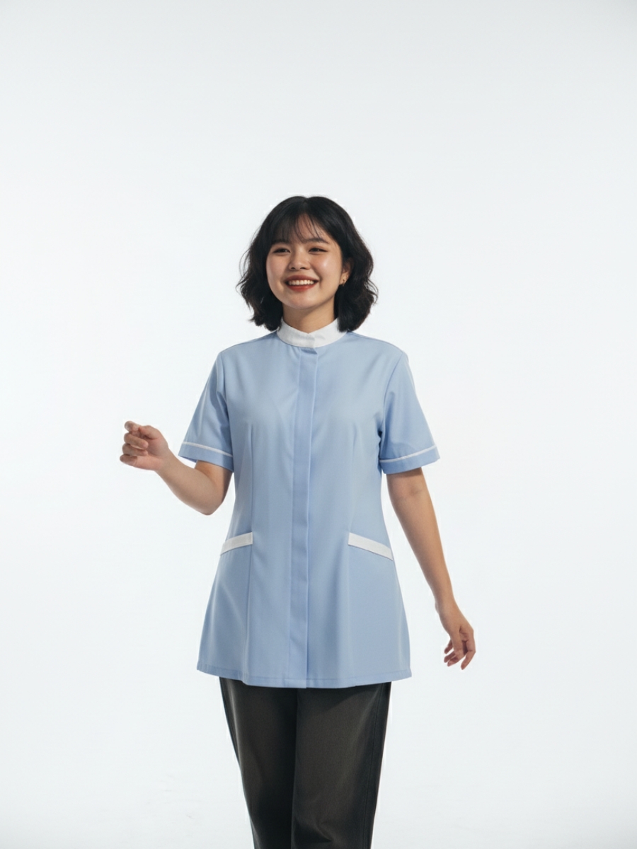 Đồng phục spa màu xanh nhạt cổ tàu - 07 Đồng phục spa màu xanh nhạt cổ tàu - 07