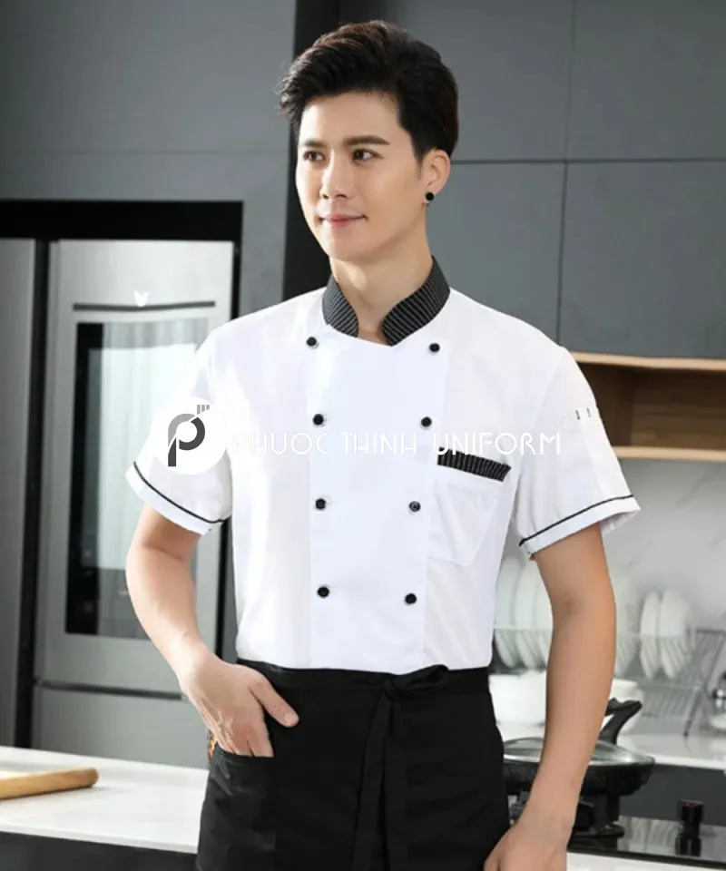 Mẫu đồng phục đầu bếp nam tay ngắn gọn nhẹ, thoáng mát