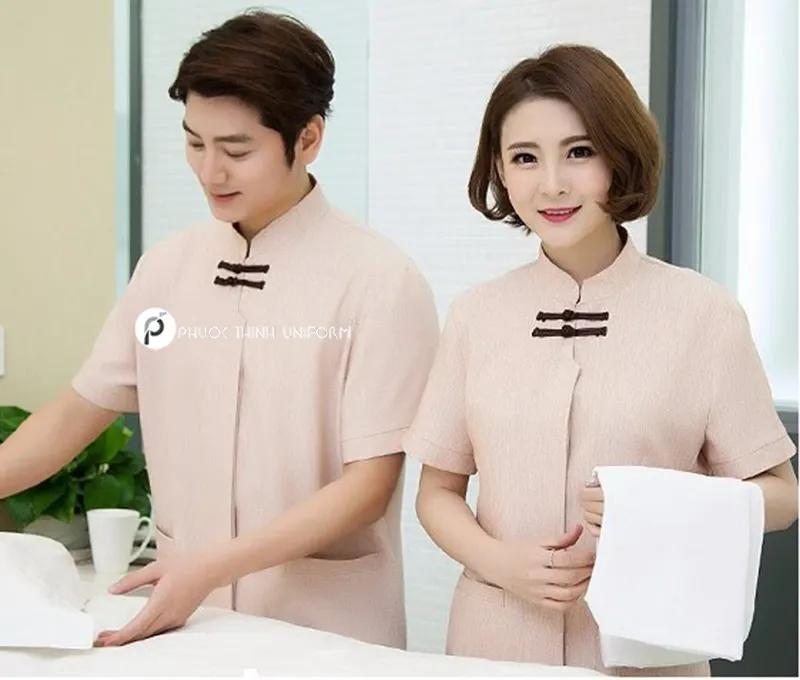 Đồng phục tạp vụ nhà hàng với mẫu cổ tàu cách điệu