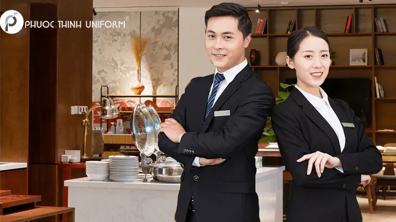 Mẫu đồng phục quản lý nhà hàng với vest và sơ mi, sử dụng thêm cà vạt làm điểm nhấn