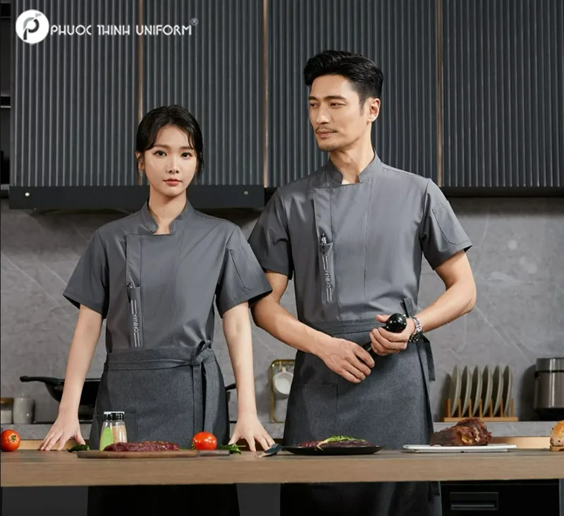 Mẫu đồng phục bếp thiết kế cổ tàu, dấu khuy, đi kèm là tạp dề đồng bộ sang trọng và lịch sự