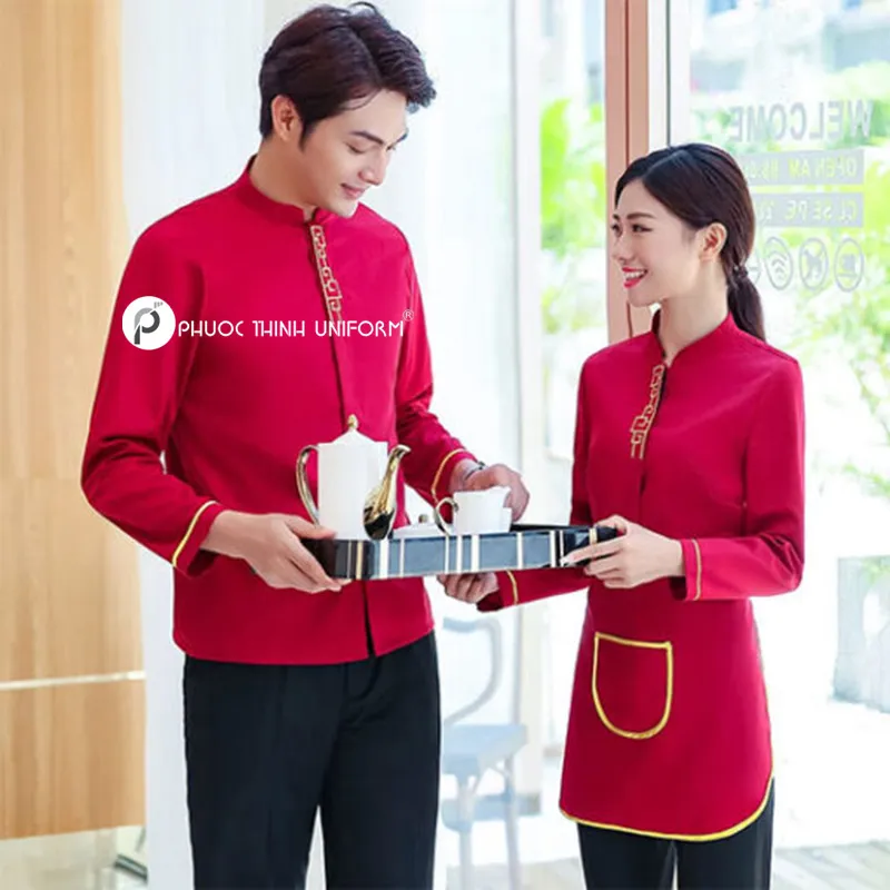Mẫu đồng phục cổ tàu với các màu nổi bật rất được yêu thích tại các nhà hàng mang phong cách Trung Hoa
