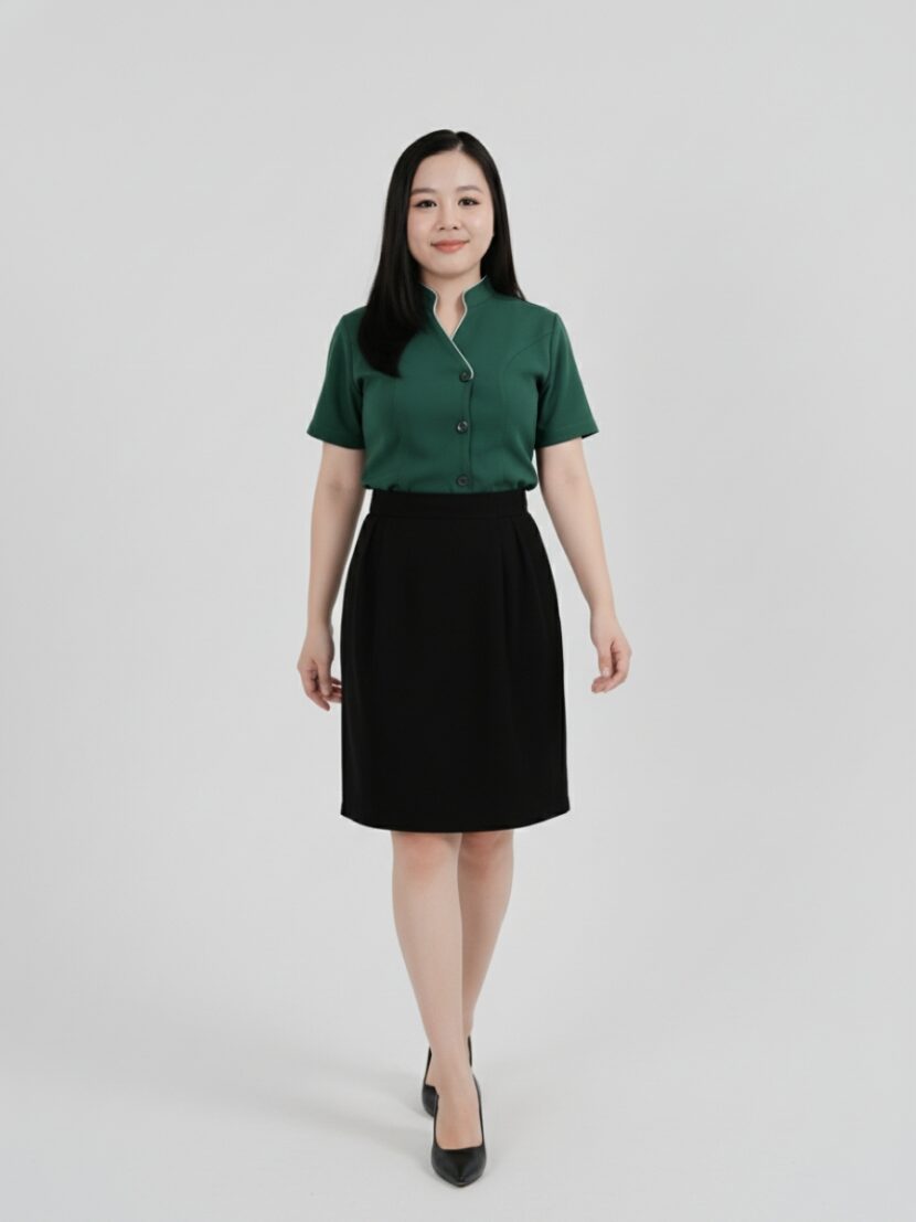 Đồng phục nhân viên spa xanh nhạt phối viền hồng - 04