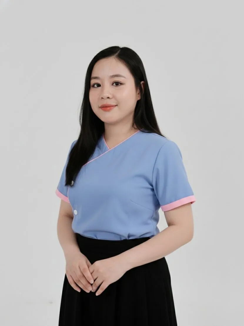 Đồng phục nhân viên spa xanh nhạt phối viền hồng - 04 Đồng phục nhân viên spa xanh nhạt phối viền hồng - 04