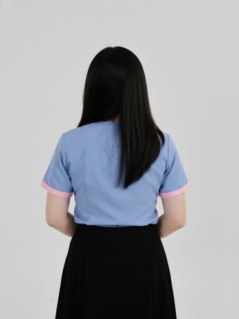 Đồng phục nhân viên spa xanh nhạt phối viền hồng - 04
