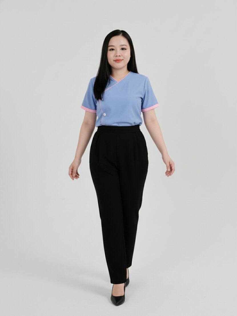 Đồng phục nhân viên spa xanh nhạt phối viền hồng - 04