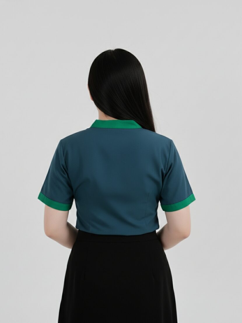 Đồng phục nhân viên spa màu xanh dương phối viền cổ xanh lá - 05