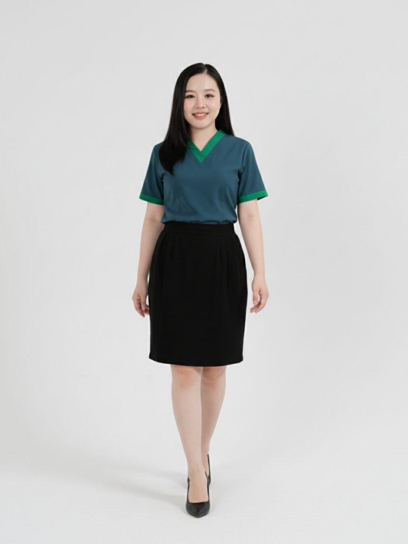 Đồng phục nhân viên spa màu xanh dương phối viền cổ xanh lá - 05